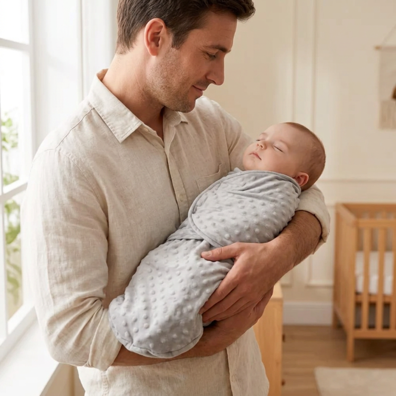 Couverture-emmaillotage-bebe-endormi-dans-les-bras-de-papa