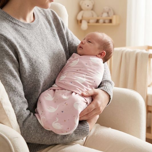 Couverture-emmaillotage-bebe-dans-les-bras-d-un-parent-avec-la-couverture-rose-cygnes