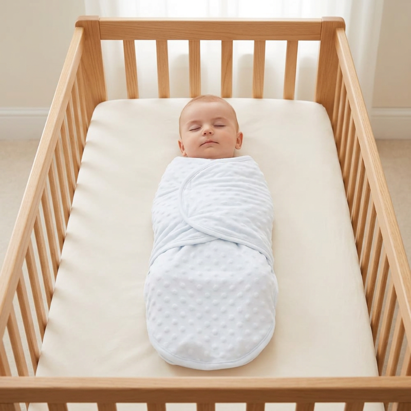 Couverture-emmaillotage-bebe-endormi-dans-un-berceau-en-bois-naturel