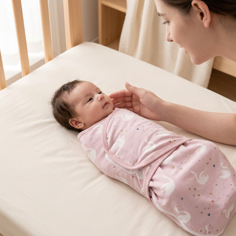 Couverture-emmaillotage-bebe-moment-de-complicite-avec-bebe-et-sa-couverture-rose-cygnes
