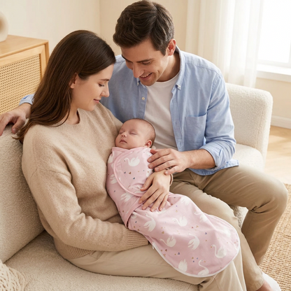 Couverture-emmaillotage-bebe-papa-et-maman-avec-bebe-dans-la-couverture-rose-cygnes