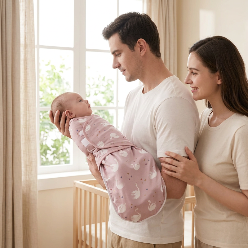 Couverture-emmaillotage-bebe-papa-et-maman-avec-bebe-pres-de-la-fenetre