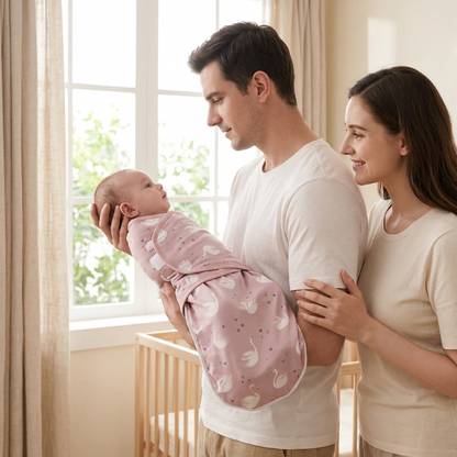 Couverture-emmaillotage-bebe-papa-et-maman-avec-bebe-pres-de-la-fenetre
