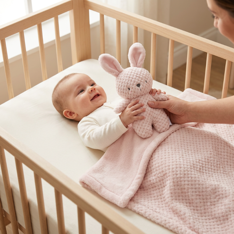 Couverture-polaire-pour-bebe-avec-la-couverture-rose-et-le-lapin-dans-ses-mains