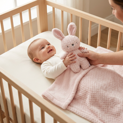 Couverture-polaire-pour-bebe-avec-la-couverture-rose-et-le-lapin-dans-ses-mains