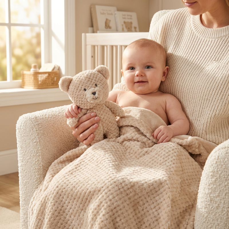 Couverture-polaire-pour-bebe-dans-les-bras-d-un-parent-avec-l-ensemble-ourson-beige