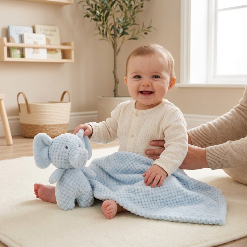 Couverture-polaire-pour-bebe-scene-douce-avec-un-bebe-et-l-ensemble-l-elephant-bleu-pale