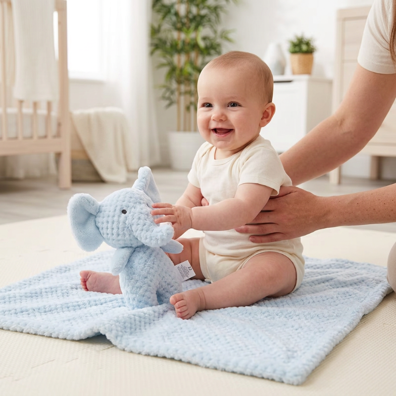 Couverture-polaire-pour-bebe-sur-la-couverture-bleue-avec-le-doudou-l-phant