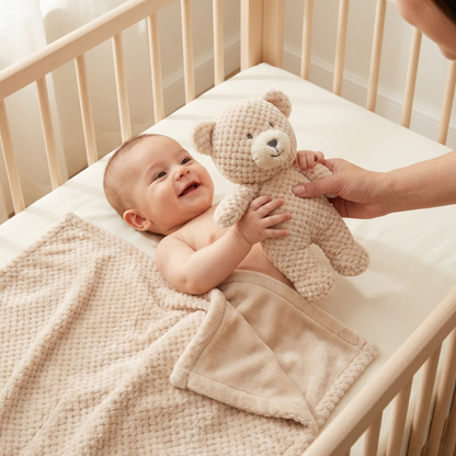 Couverture-polaire-pour-bebe-veille-avec-sa-couverture-beige-et-son-ourson-dans-les-mains