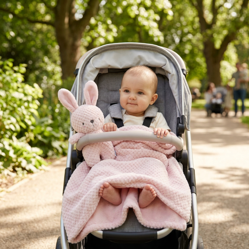 Couverture_polaire_pour_bebe-en-poussette-dans-un-parc-envelopper-dans-la-couverture-polaire-rose-au-lapin