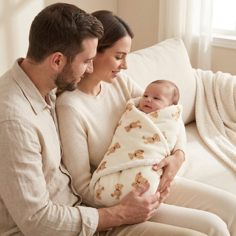 bebe-avec-papa-et-maman-enveloppe-dans-la-couverture-polaire-bebe-oursons