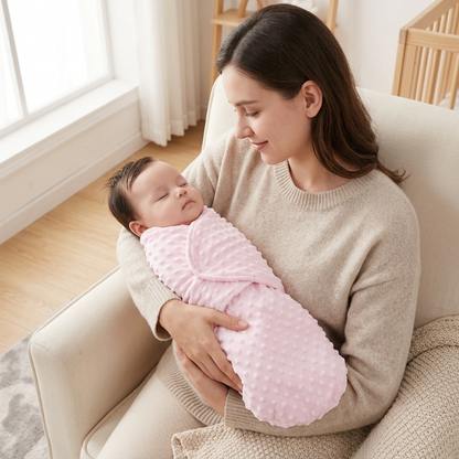 bebe-endormi-dans-sa-Couvertureemmaillotage-rose-dans-les-bras-de-maman