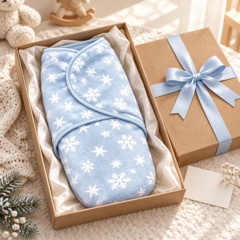 couverture-emmaillotage-bebe-bleue-flocons-present-et-en-cadeau