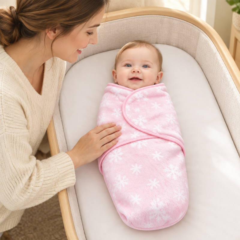 couverture-emmaillotage-bebe-dans-la-couverture-rose-flocons-avec-sa-maman-pres-du-berceau
