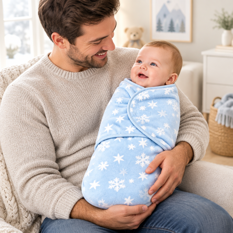 couverture-emmaillotage-bebe-papa-tenant-son-bebe-dans-la-couverture-bleue-flocons