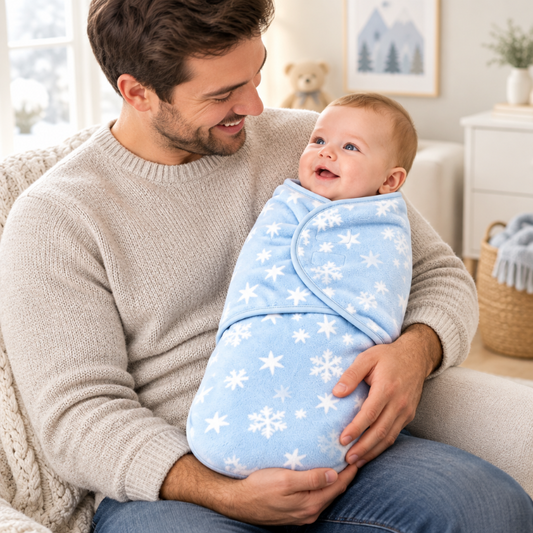 couverture-emmaillotage-bebe-papa-tenant-son-bebe-dans-la-couverture-bleue-flocons