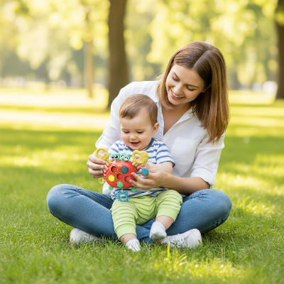 crabe-jeux-bebe-maman-et-bebe-sur-la-pelouse-avec-jouet
