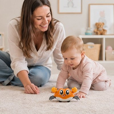 Crabe-jouet-bebe-orange-avec-maman