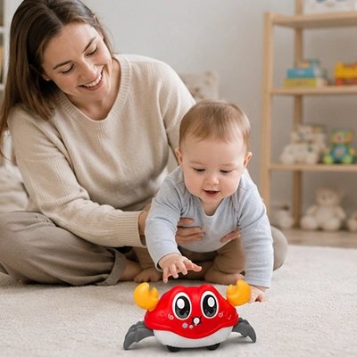 Crabe-jouet-bebe-rouge-avec-maman