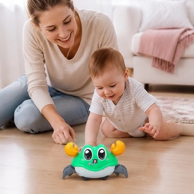 Crabe-jouet-bebe-vert-avec-maman