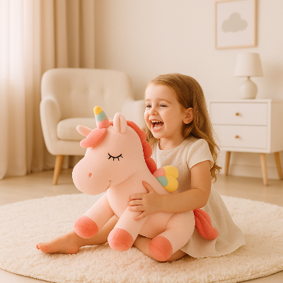 licorne-peluche-fille-heureuse
