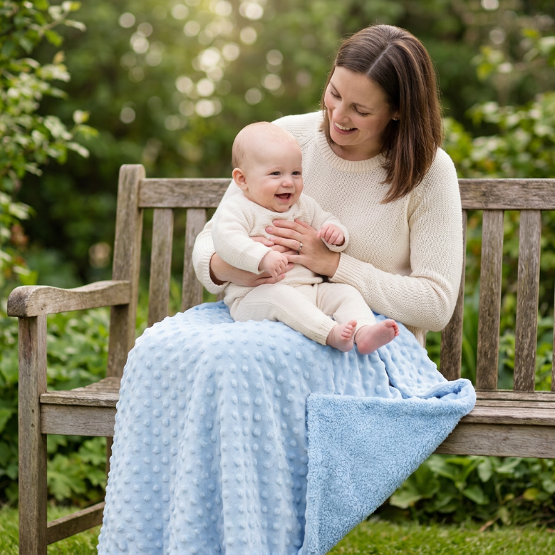 maman-et-bebe-au-jardin-avec-la-couverture-polaire-bebe