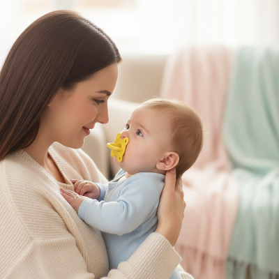 maman-et-bebe-tetine-incassable-jaune-dans-les-bras