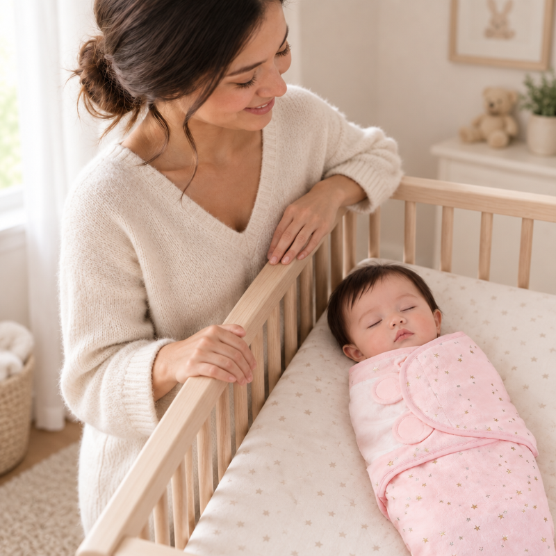maman-pres-du-lit-de-son-bebeb-endormi-avec-sa-couverture-emmaillotage-bebe
