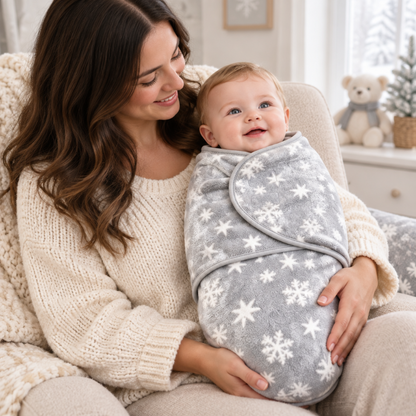 maman-tenant-son-bebe-dans-la-couverture-emmaillotage-bebe-grise-flocons