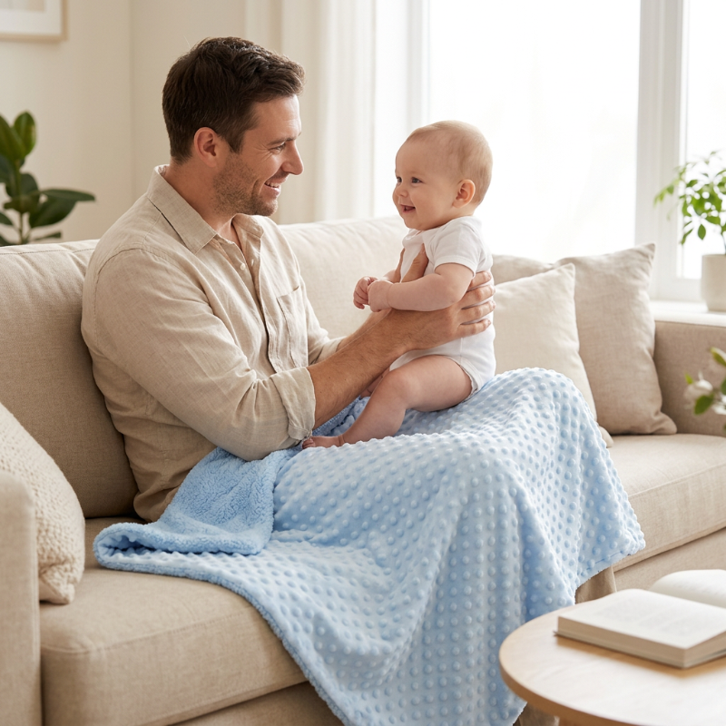 papa-et-bebe-avec-la-couverture-polaire-bebe-bleue